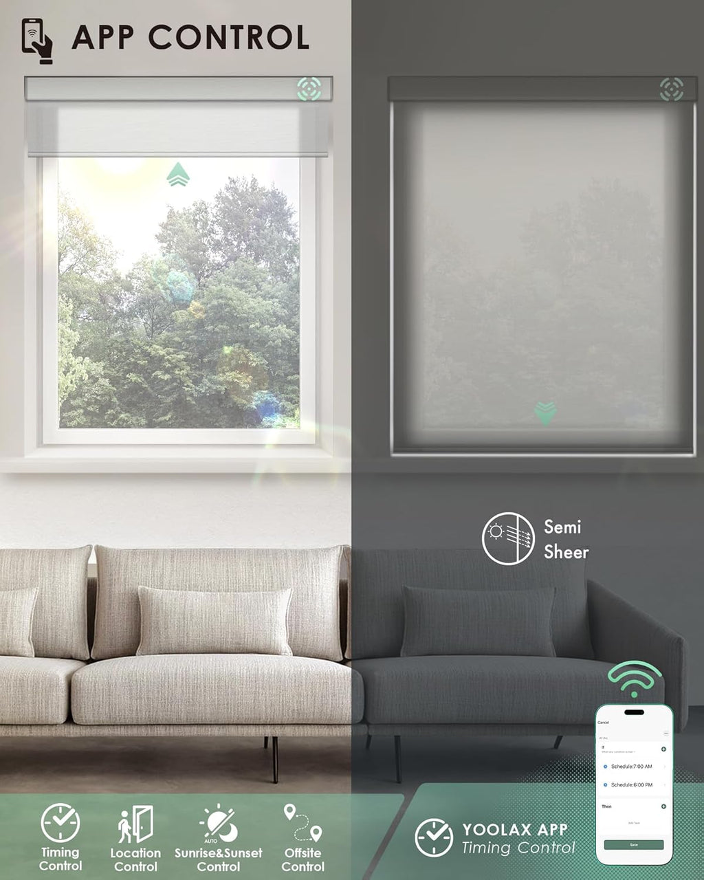 Yoolax Motorized Blinds with Remote, Light Filtering Smart Blinds Compatible with Alexa Google Home, Automatic Roller Shades for Indoor Windows Living Room, Custom Size (Semi Sheer Starlight White)
