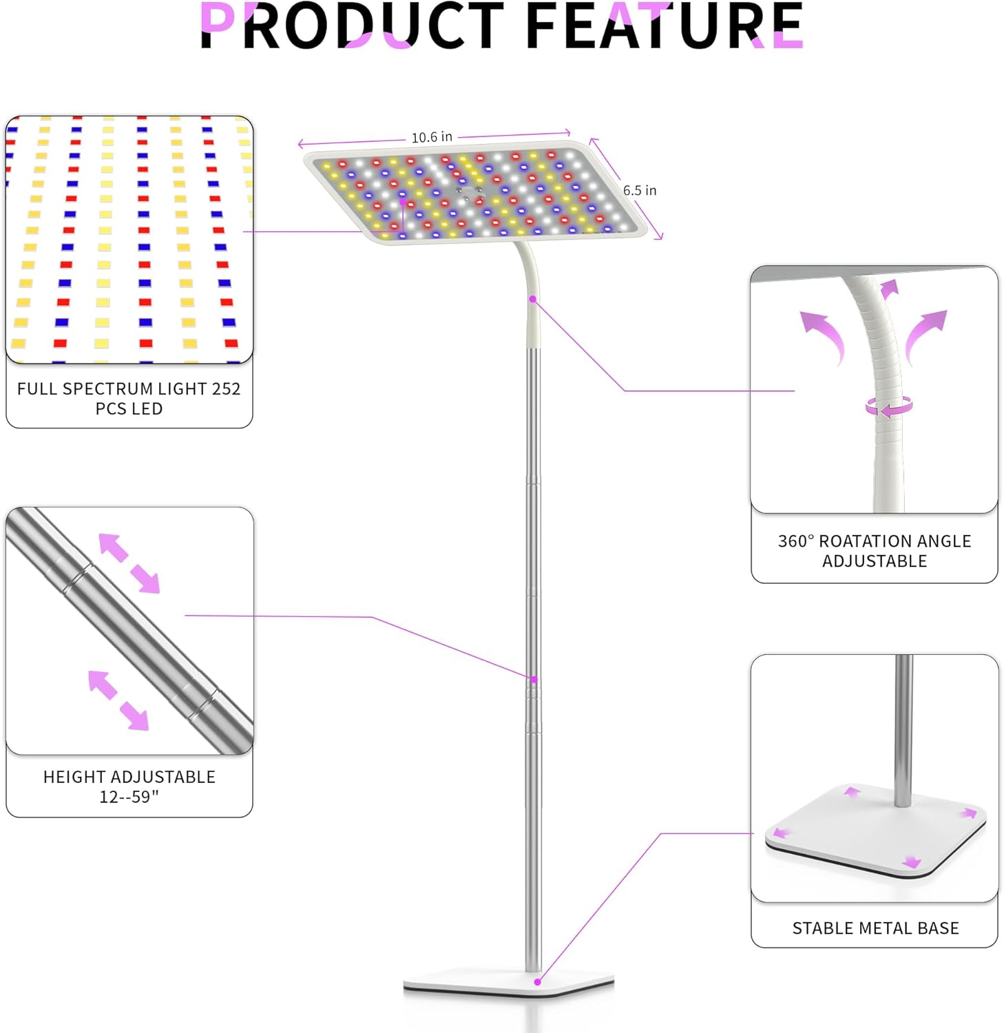 BESTVA 36W Grow Lights with Stand, Full Spectrum LED Plant Light, 12-59 Inch Height Adjustable Growing Lamp with Auto On/Off Timer 4H/8H/12H, 4 Dimmable Brightness