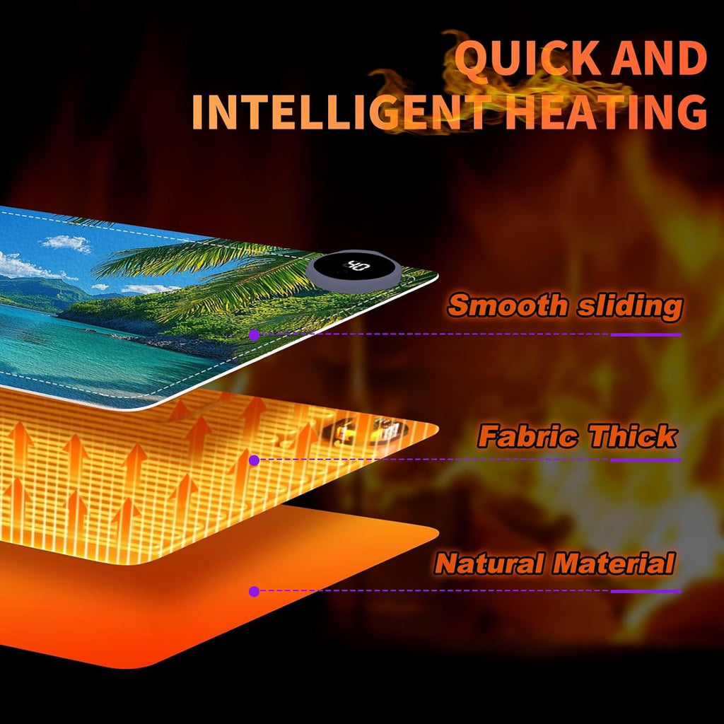 Heated Mouse Pad 23.6 x 14 in 3-Temp Fast Heating Desk Mat with Auto Timer Warmer for Hands Wrist Pain Relief Waterproof Keyboard Mat for Office, Gaming, Home, Tropical Paradise Beach
