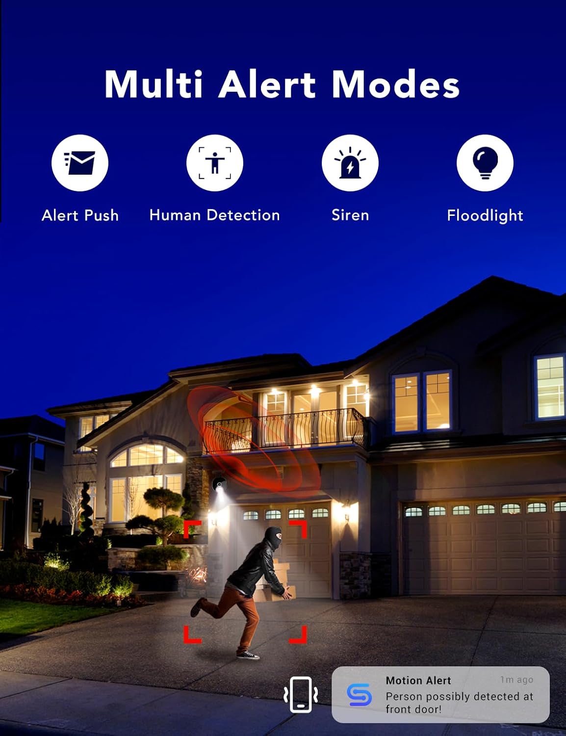 2K Security Camera, Outdoor/Indoor for Home, Pet, Baby, Nanny, IP65 Wterproof Color Night Vision, White Light & Siren, Recording, Motion Detection, Compatible with Alexa,Black-2P