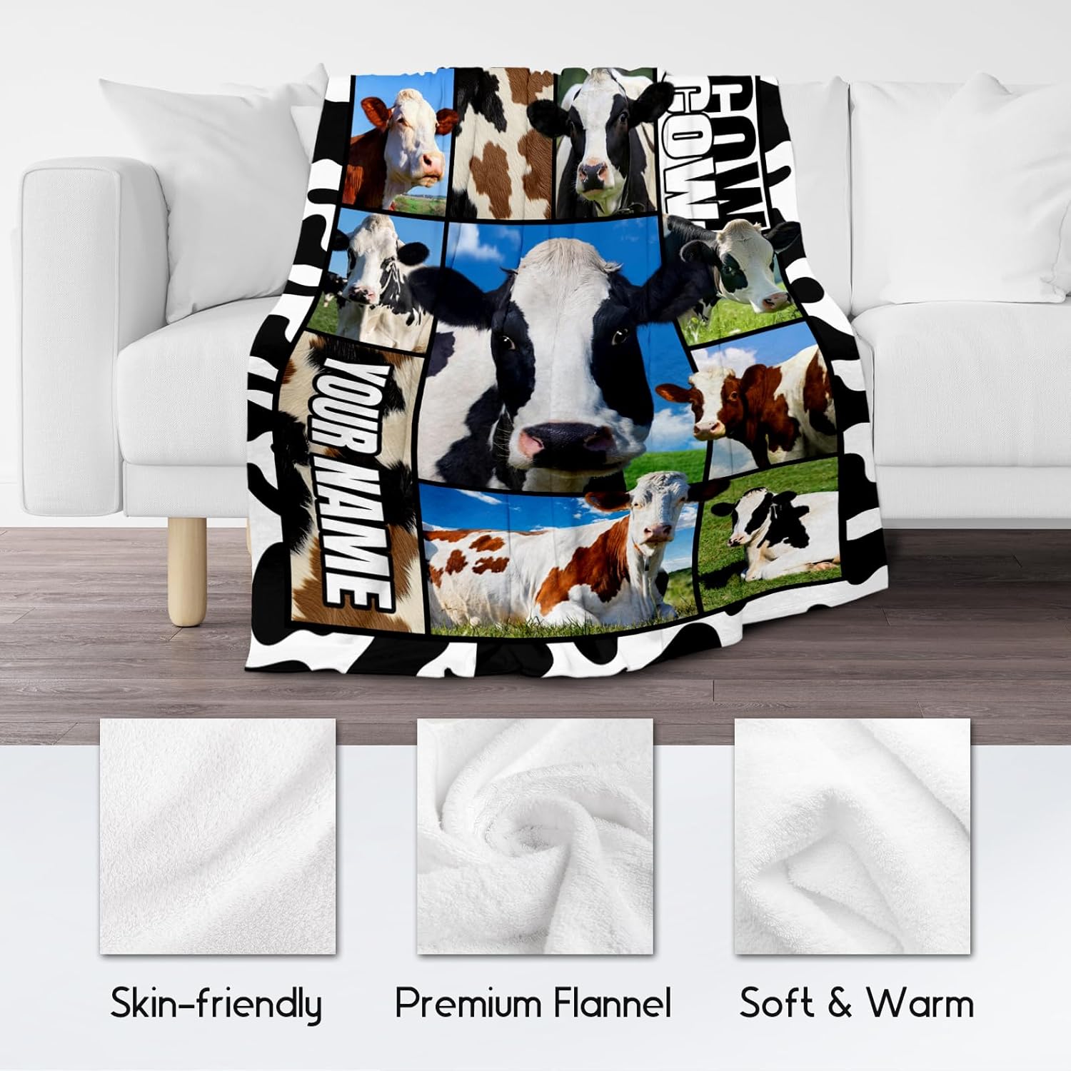 Custom Cow Blankets and Throws, Personalized Cow Gifts for Women Girls, Soft Fluffy Fuzzy Farmhouse Blanket Country Home Decor, 60"x80" Animal Pattern Throw for Bed Living Room