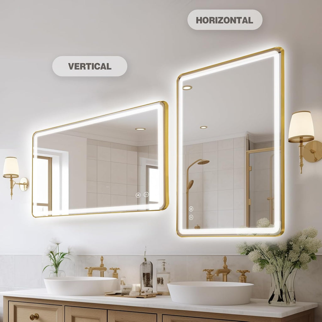 Niccy LED Bathroom Mirror with Lights, 36"x24" Vanity Mirror for Wall Makeup Mirror with Front and Backlit Anti-Fog 3 Colors and Dimmable Light Smart Rectangle Mirror for Bathroom, Gold