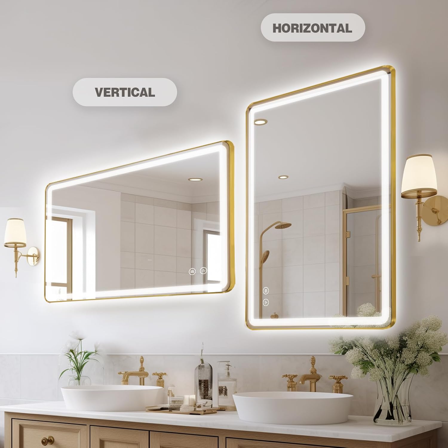 Niccy LED Bathroom Mirror with Lights, 36"x24" Vanity Mirror for Wall Makeup Mirror with Front and Backlit Anti-Fog 3 Colors and Dimmable Light Smart Rectangle Mirror for Bathroom, Gold