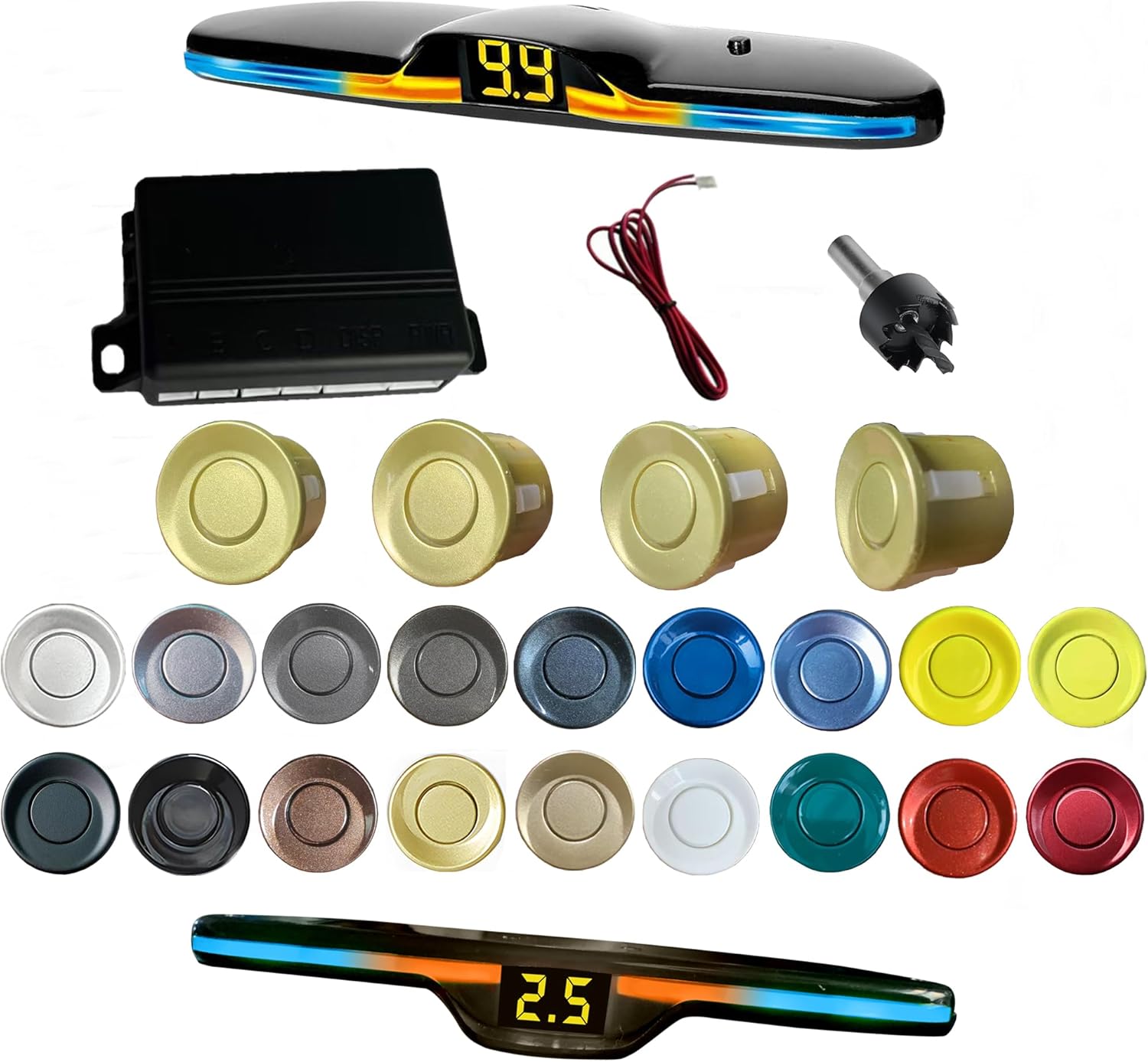 New Feature Rear Parking Sensor with Selectable Distance in Feet, Bidirectional Display Options, and Customizable Numeric Orientation and There are 18 Color Probes to Choose from(Gold)