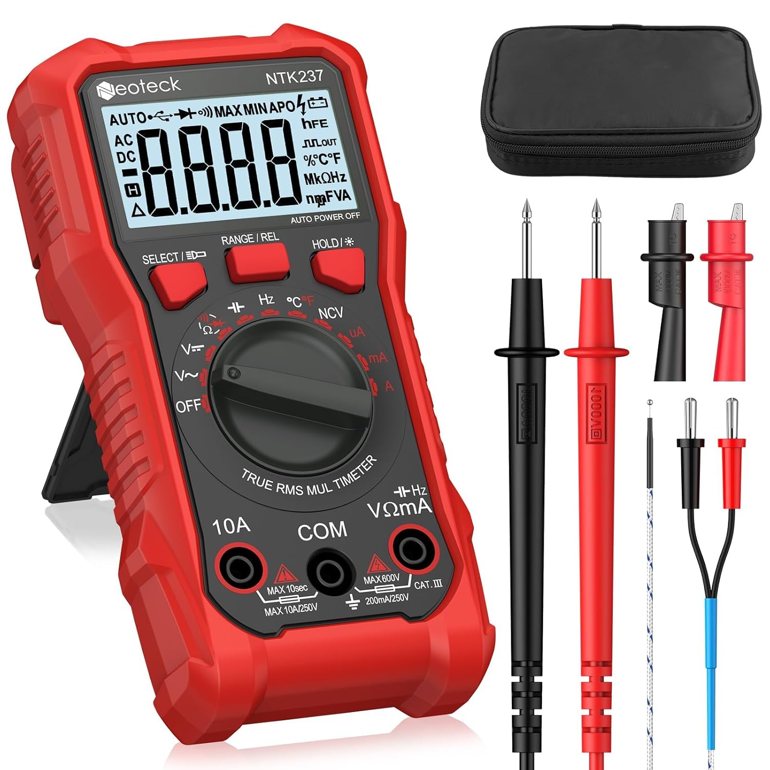 Neoteck 2000 Counts Digital Multimeter Voltmeter Tester with NCV, LCD for AC/DC Voltage&Current, Resistance, Capacitance, Live Wire, Frequency, Temperature, Duty Cycle, Continuity, Diode Measuring-Red