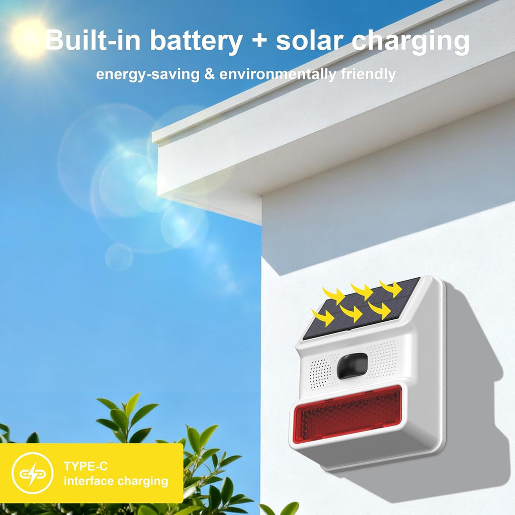 Solar Outdoor Wireless Motion Sensor Alarm,High-Decibel Siren with Sound and Strobe Light Motion Sensor–Protects Homes,Farms,Garages,Ranches & More,Deters Potential Threats,NO Remote or WiFi