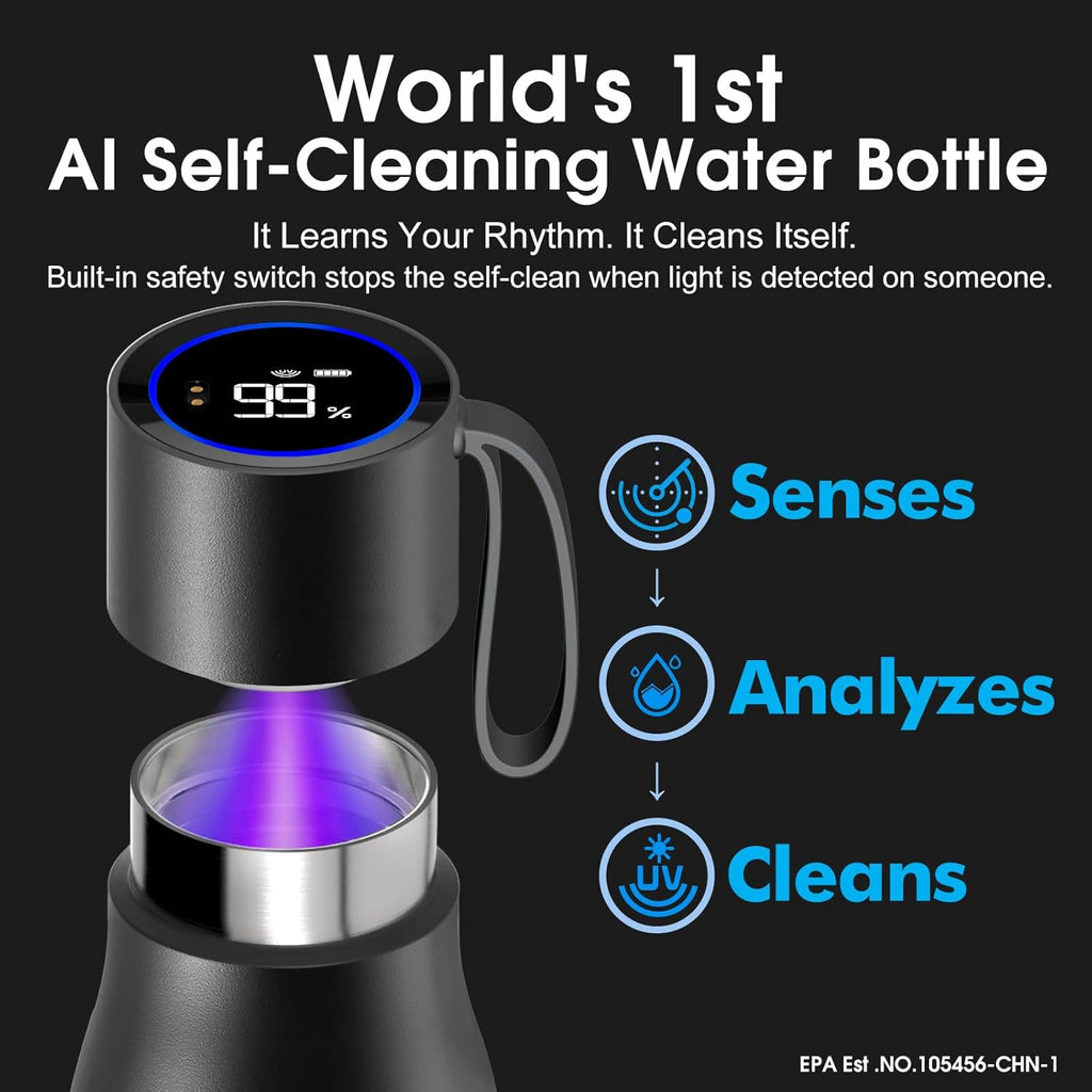 VSITOO 15oz Smart Self Cleaning Water Bottle，Insulated Water Bottle with Stainless Steel, BPA-Free, AI Self-Clean, 30-Day Battery, Magnetic Charging for Travel, Gym or Office, Black