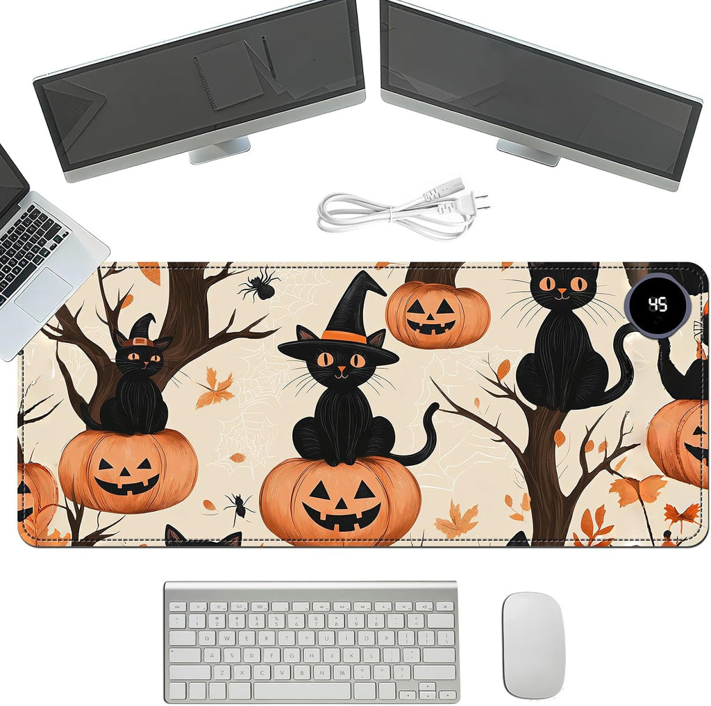 Heated Mouse Pad with 3 Temperature Settings(104°F–122°F),Large 31.5x13 Inch PU Leather Heated Desk Mat,Waterproof Warming Pad for Office,Gaming & Cold Hands Relief,Black Cats Pumpkins