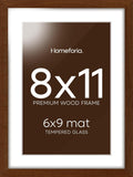 Homeforia 11x8 Picture Frame Brown, High End Dark Oak 8x11 Walnut Wooden Frames with Mat 6x9 Photo, 8 x 11 Wood Frame Matted to 6 by 9 Print, Wall or Tabletop Frame, Tempered Glass, Wall Kit, Set of 1