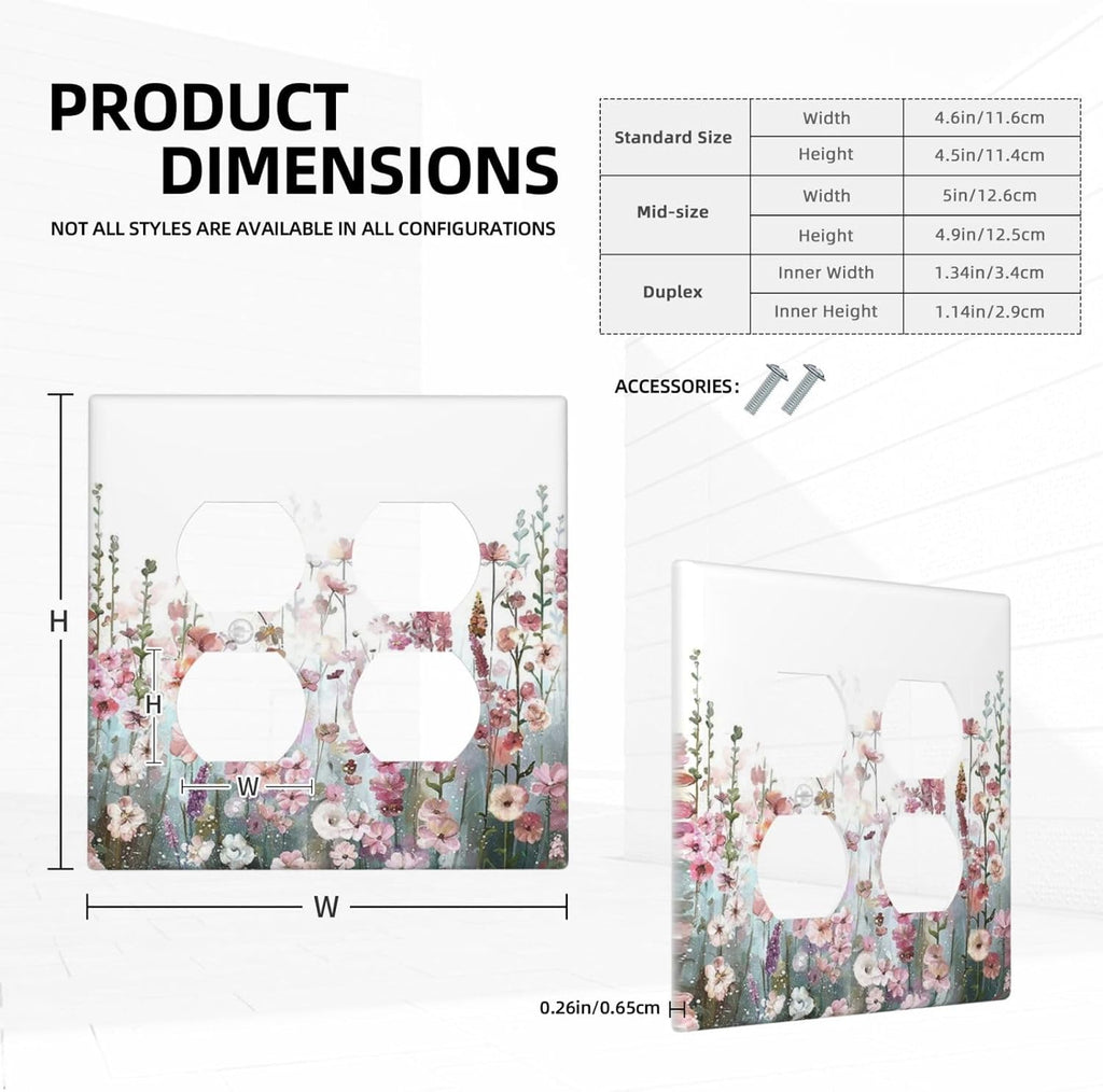 Colorful Flowers Pink Floral Watercolor Plant Outlet Covers 2 Gang Double Duplex Decorative Light Switch Covers Electrical Wallplates Socket Faceplate for Bed Room Living Room Decor