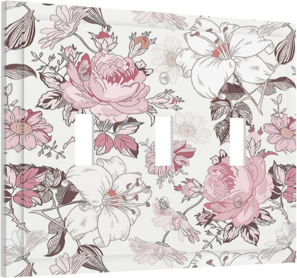 Decorative Switch Plates Modern Watercolor Flower Pink White Wildflower 3 Gang Wall Plate Faceplate Triple Toggle Light Switch Cover Electrical Wall Panels for Bedroom Home Decor