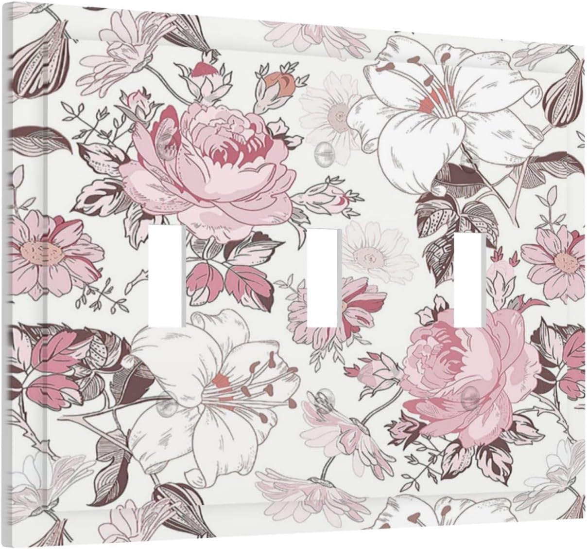 Decorative Switch Plates Modern Watercolor Flower Pink White Wildflower 3 Gang Wall Plate Faceplate Triple Toggle Light Switch Cover Electrical Wall Panels for Bedroom Home Decor