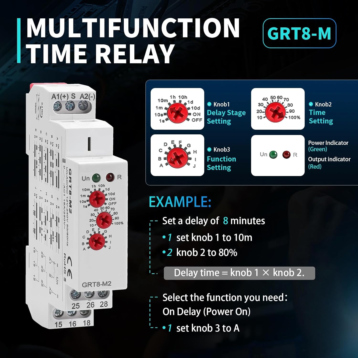 Multifunction Time Relay 2 Outputs 16A Adjustable Smart Relay 12V Electronic Timer in Din Rail,0.1s-10 Days Wide Range Delay On Off Factory Automation Universal Voltage GRT8-M2 AC/DC 12V-240V
