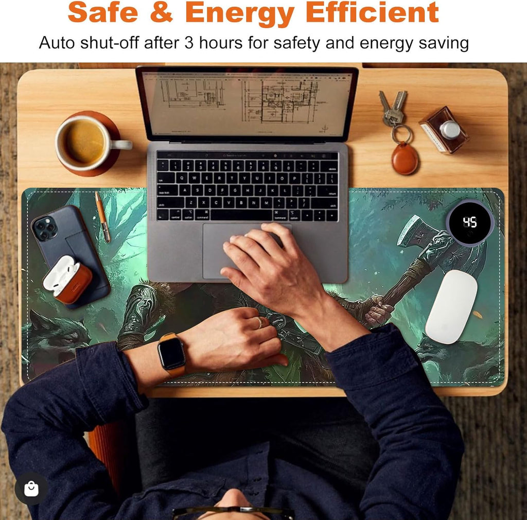 Heated Mouse Pad for Desk 31.5" x 13" – PU Leather Warm Desk Pad with 3 Heat Levels (104°F/113°F/122°F), Plug-in Electric Heating Mat with Auto Shut-Off, Waterproof & Rollable, Wild Hunter