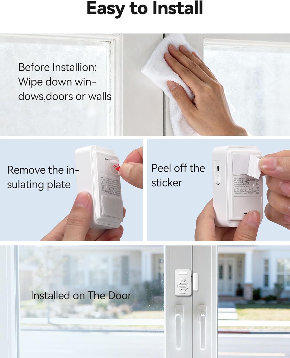TECKNET Door Alarms for Kids Safety, Window Alarm with Smart Voice Alert, 4-Level Adjustable Volume, Refrigerator Sensor Pool Alarm Door Alarms when opened for Home Security、Fridge、Garage and Basement