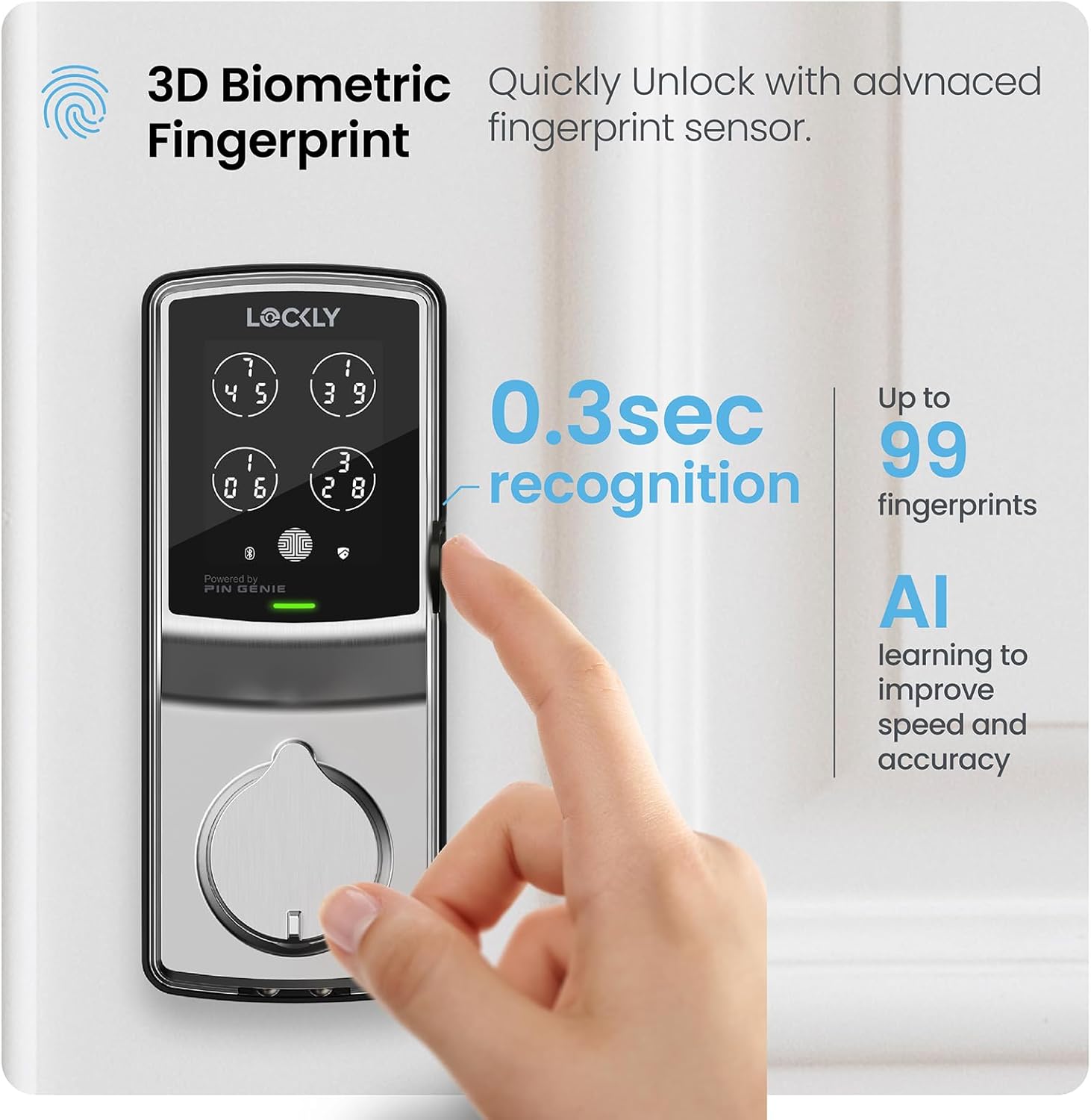 Lockly Secure Plus Bluetooth Smart Door Lock, Keyless Entry with PIN Genie® Digital Keypad, 3D Biometric Fingerprint Sensor Front Door Lock Deadbolt, Voice Control & Auto Lock - Deadbolt Edition