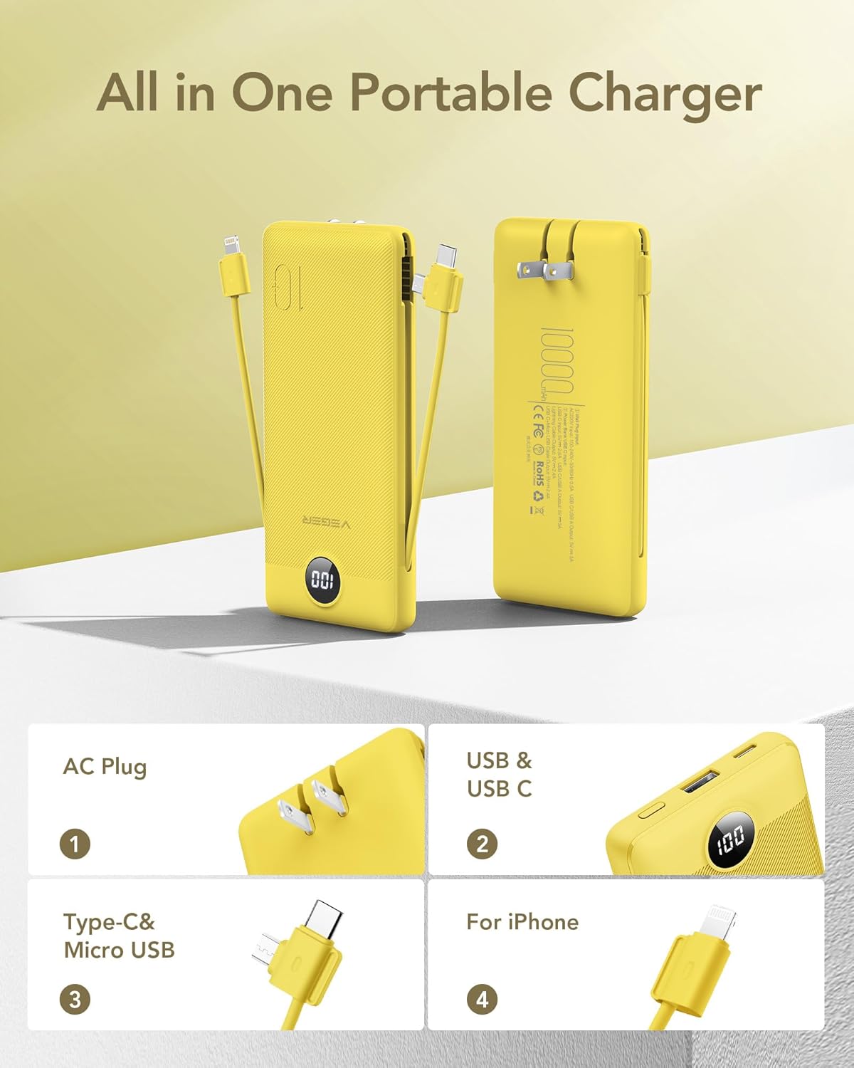 VEGER Portable Charger with Built-in AC Plug and Cables, All in One 10000mAh Ultra Slim Power Bank Travel Essentials, 15W Fast Charging Battery Pack Compatible with iPhone, Samsung, Android (Yellow)