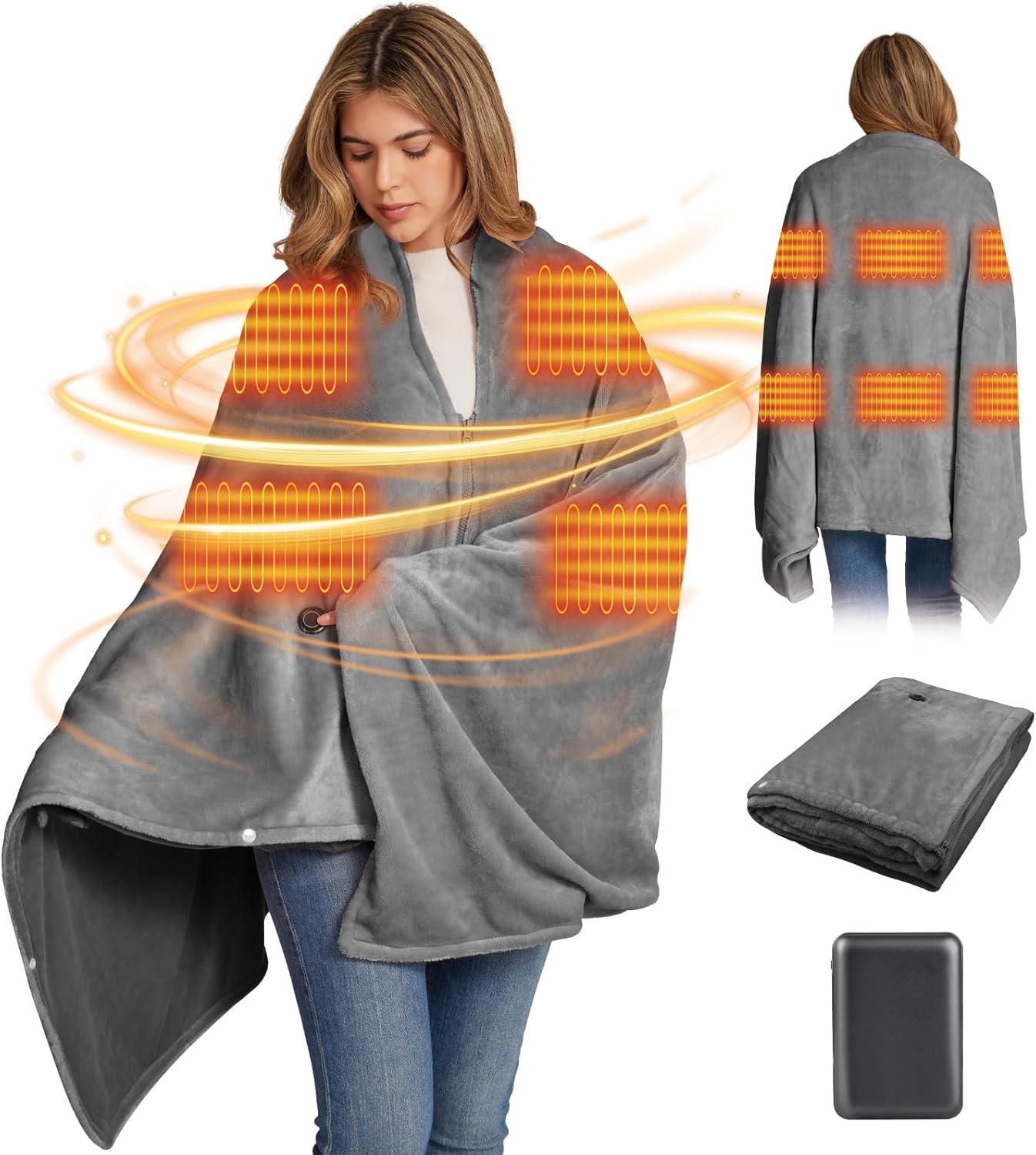 Cordless Heated Blanket Battery Operated with Fleece Lining 7.4V 16000mAh Battery Portable Wearable Heated Shawl for Women Men 6 Heating Zones 3 Fast-Heating Levels (Battery Included)