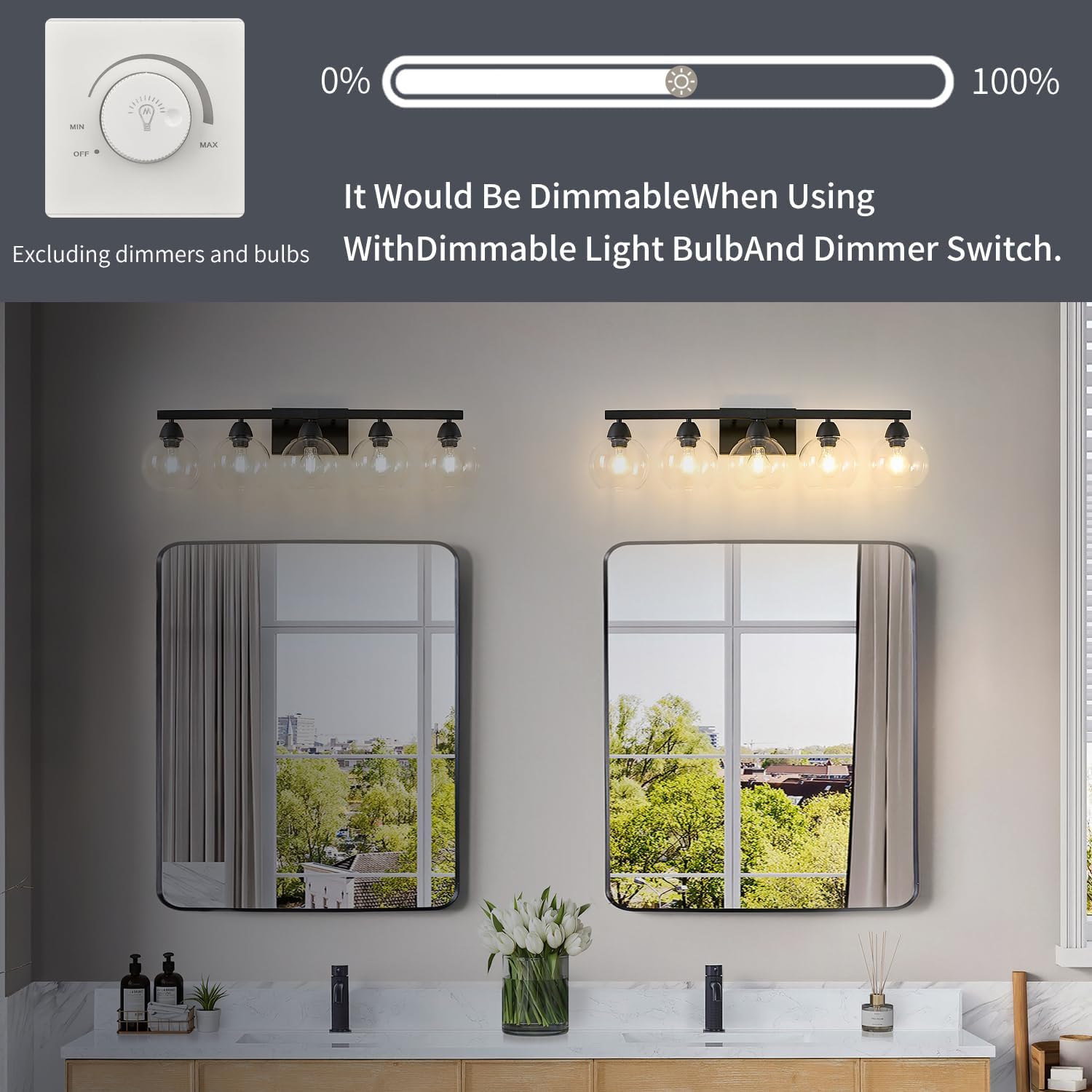 5-Light Bathroom Light Fixtures, Black Vanity Light with Premium Hand-Blown Glass Shades, Ultra-Clear & Impact-Resistant, Wall Lamp for Mirror, Living Room, Kitchen