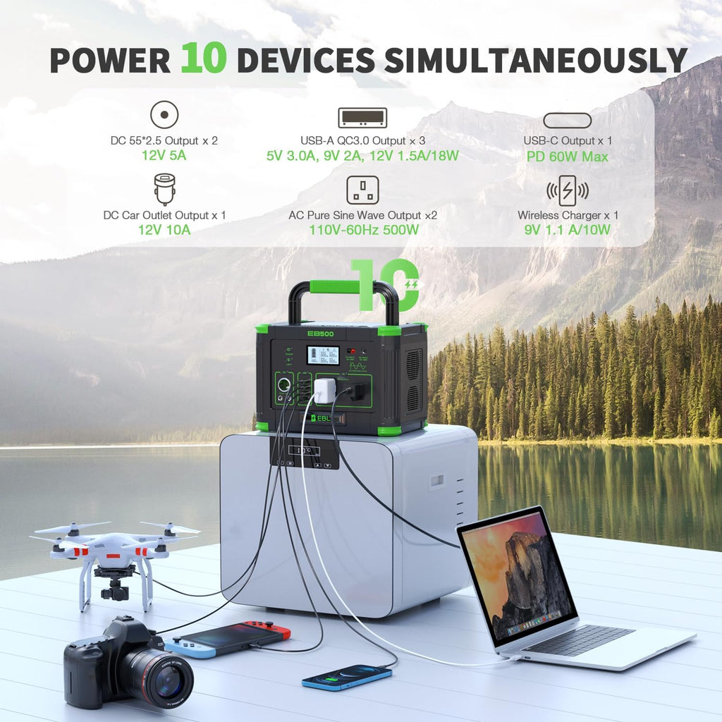 Portable Power Station EBL 500W, 519Wh Solar Generator with 2 AC 110V Outlets, USB-C PD 60W Fast Charging, 10 Ports including Wireless Charger for Camping RV Emergency Off-Grid Living (Peak 1000W)
