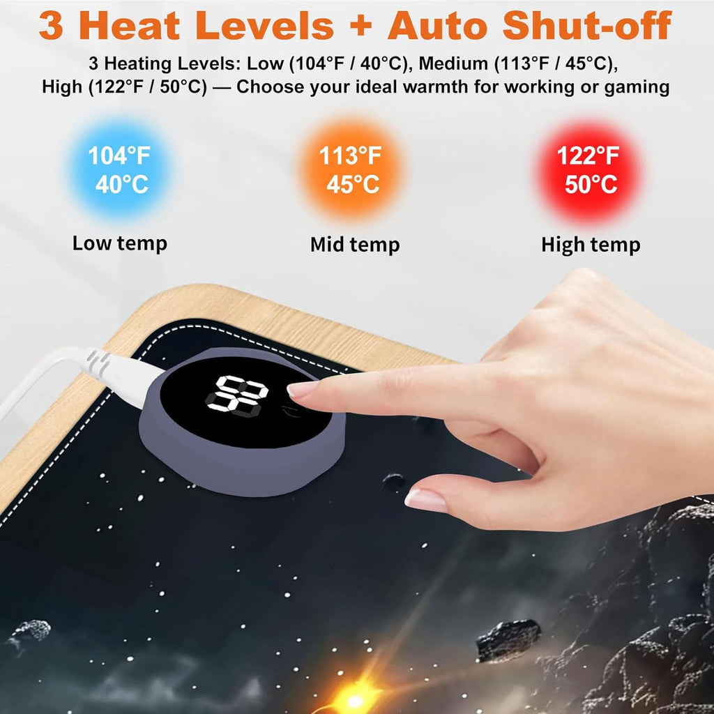 Small Heated Desk Pad 23.6" x 14.2" – Compact Electric Mouse Pad with 3 Heating Levels, Auto Shut-Off, Waterproof PU Surface, Plug-in Warmer for Office or Home Use, Astronaut