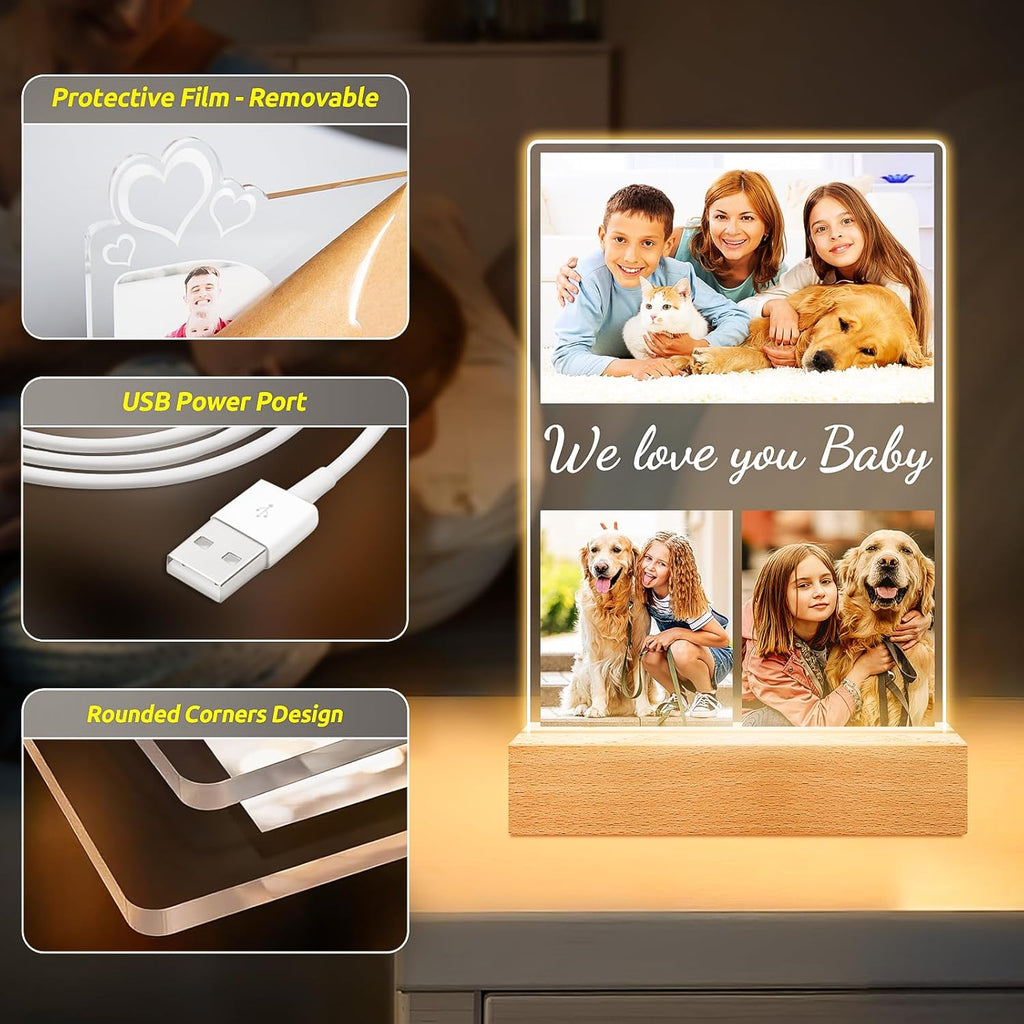 Custom Collage Picture Frames with Photo, Personalized Photo Frame with Night Light, Personalized Picture Frame, Customized Birthday Gifts for Baby Kids Girls Boys Pet Friends Family