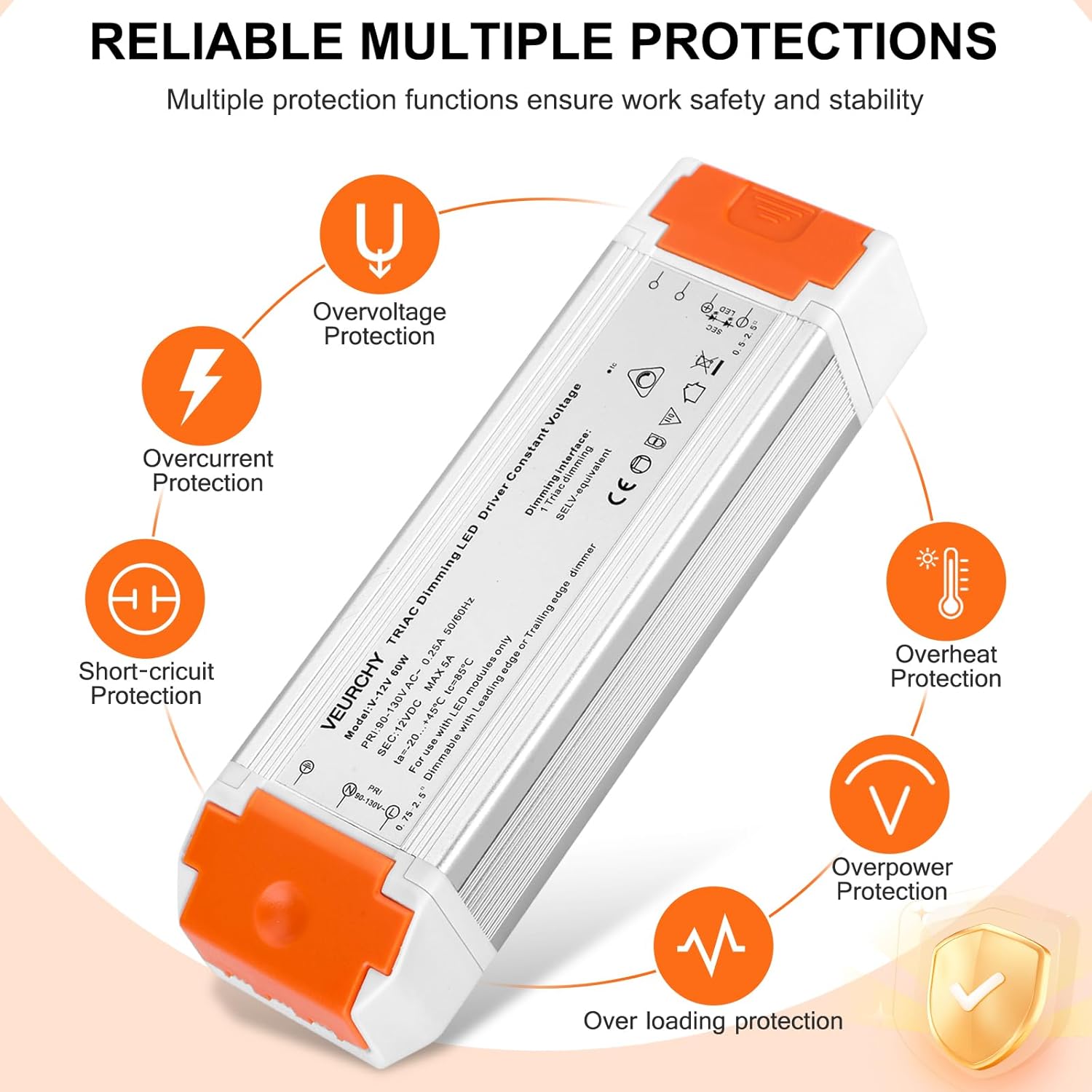 60W Dimmable LED Driver 12V DC Triac Constant Transformer, 120V AC to 12 Volt DC Lighting Low Voltage Power Supply, LED Light Transformer for Kitchens, Cabinets, Bedrooms 2 Pack