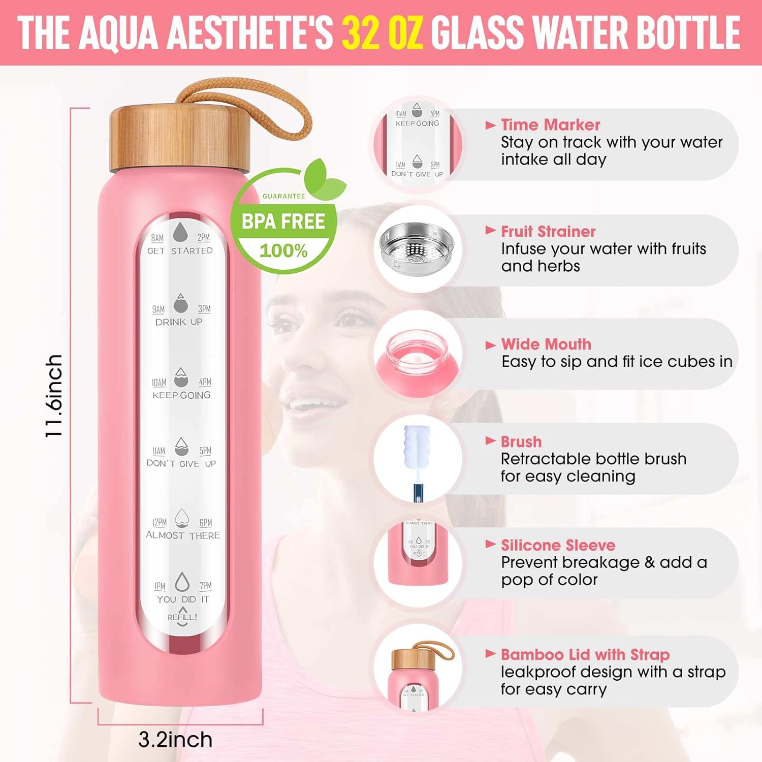 Aqulea Glass Water Bottles 32 Oz with Silicone Sleeve - BPA Free Reusable Wide Mouth Glass Motivational Water Bottles with Fruit Infuser – Leak Proof Borosilicate Water Bottle with Time Marker (Pink)