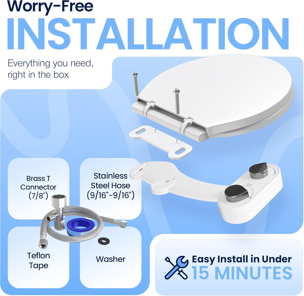 CLEAR REAR Bidet Attachment for Toilet Seat - Non-Electric, Self-Cleaning Dual Nozzle, Adjustable Water Pressure, Rear & Feminine Wash, Toilet Bidet Hygienic Bathroom Upgrade (White)
