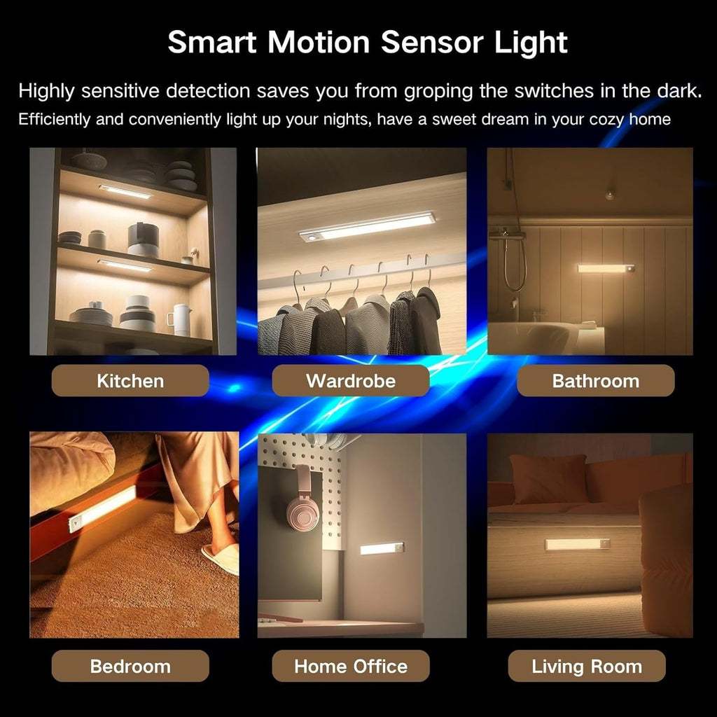 Motion Sensor Under Cabinet Lighting-Magnetic Rechargeable Closet Lights for Kitchen,Stairs,Wardrobe | 3-Color Dimmable LED Under Counter Lighting | Pro Battery Upgrade (4, 8 inch)