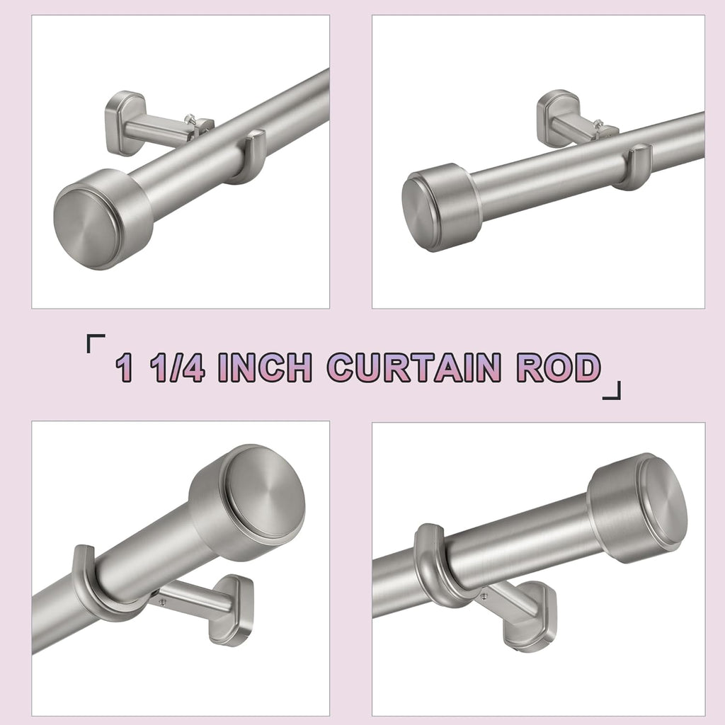 Heavy Duty Curtain Rods,1 1/4" Large Diameter Premium Nonadjustable Curtain Rod,144in/12ft Custom Window Treatment Rods with Durable Aluminum Brackets and End Caps,Brushed Nickel Finish