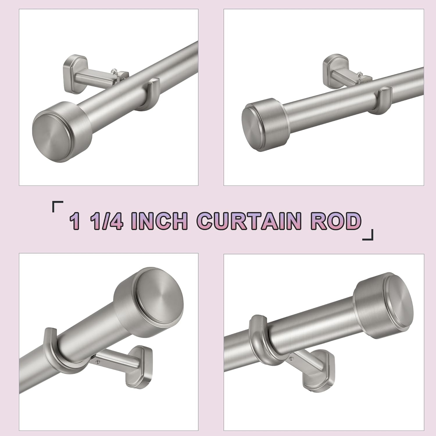 Heavy Duty Curtain Rods,1 1/4" Large Diameter Premium Nonadjustable Curtain Rod,96in/8ft Custom Window Treatment Rods with Durable Aluminum Brackets and End Caps,Brushed Nickel Finish