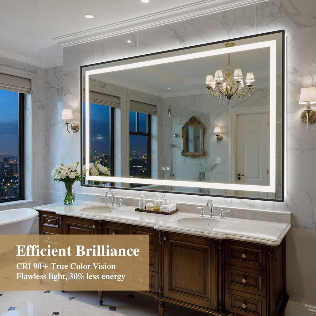 72X40 Inch LED Bathroom Mirror with Lights, Black Frame Frontlit+ Backlit Bathroom Vanity Mirror for Wall, Ultra-Clear Tempered Glass, Shatter-Proof, Anti-Fog and Memory Function, ETL Listed