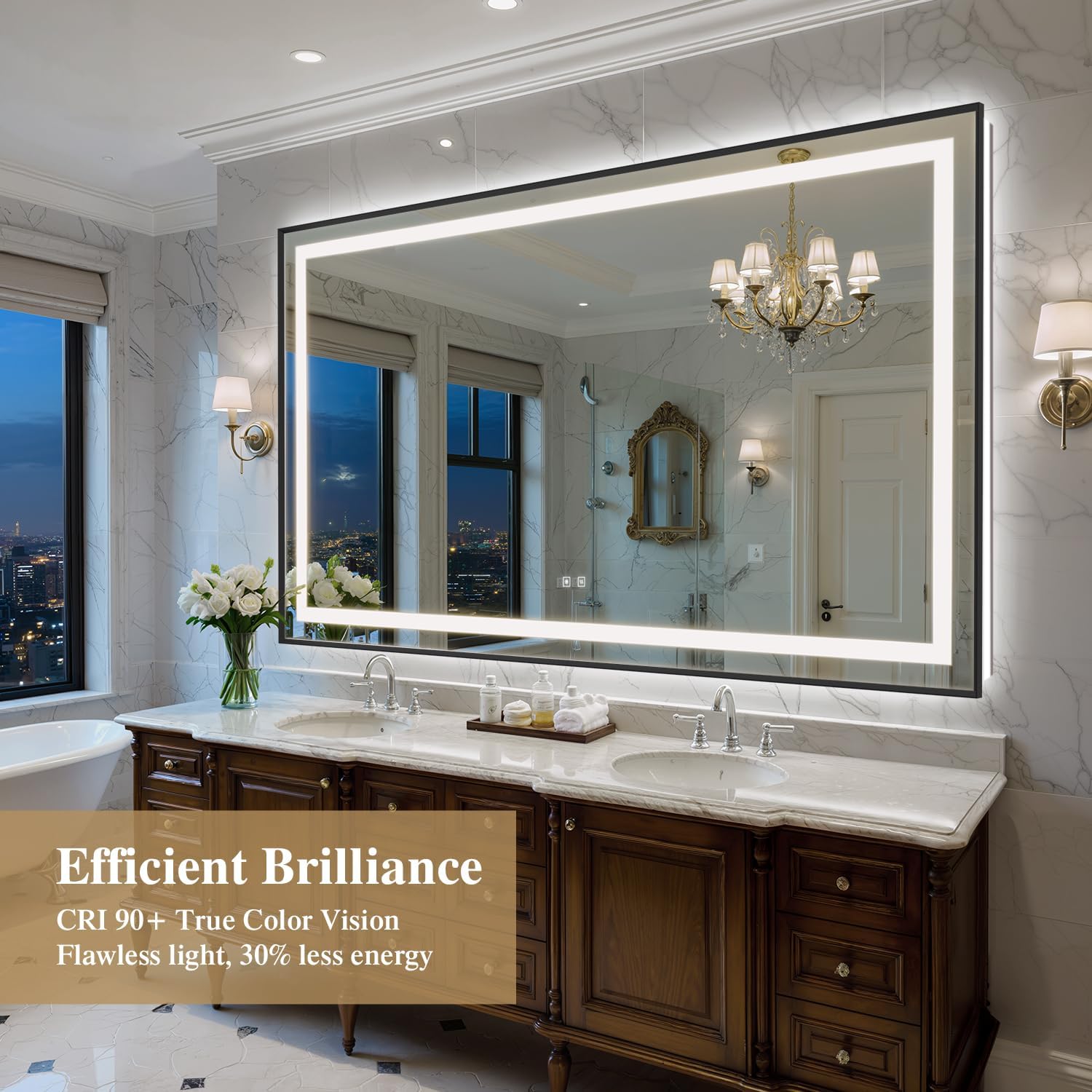 72X40 Inch LED Bathroom Mirror with Lights, Black Frame Frontlit+ Backlit Bathroom Vanity Mirror for Wall, Ultra-Clear Tempered Glass, Shatter-Proof, Anti-Fog and Memory Function, ETL Listed