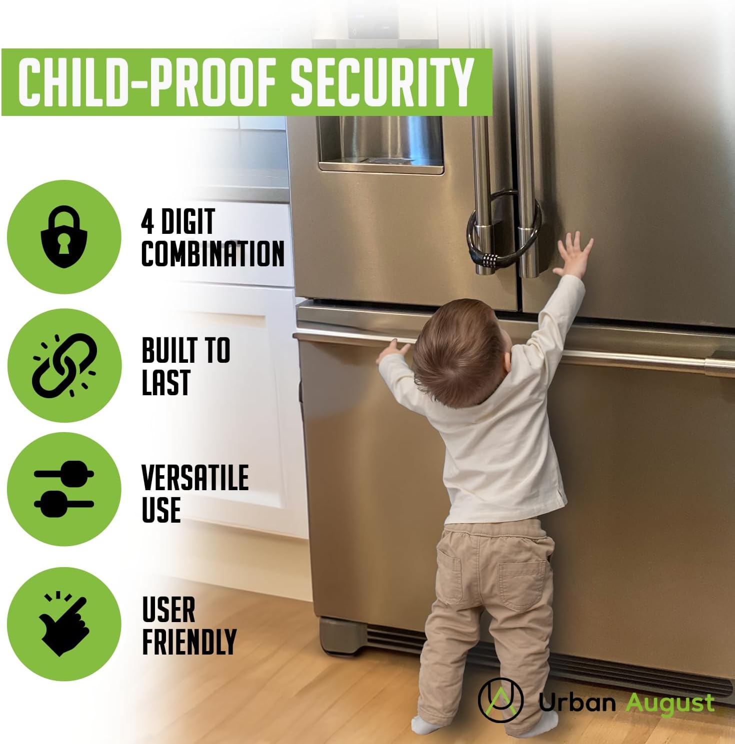 Urban August Refrigerator Lock for Kids & Adults, 4-Digit Code Fridge Lock for French-Door Refrigerators, & Versatile Cabinet (One)