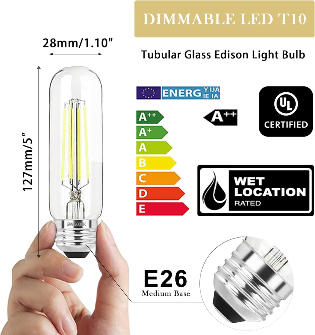 5 Inch Edison Bulb, 5000K Daylight White E26 Bulb 6W Dimmable, 800LM T10 T9 Clear Glass Tubular Light Bulbs, AC 120V Equal 80 Watt Bulbs for Chandelier Pendant Wall Light - 6Pack