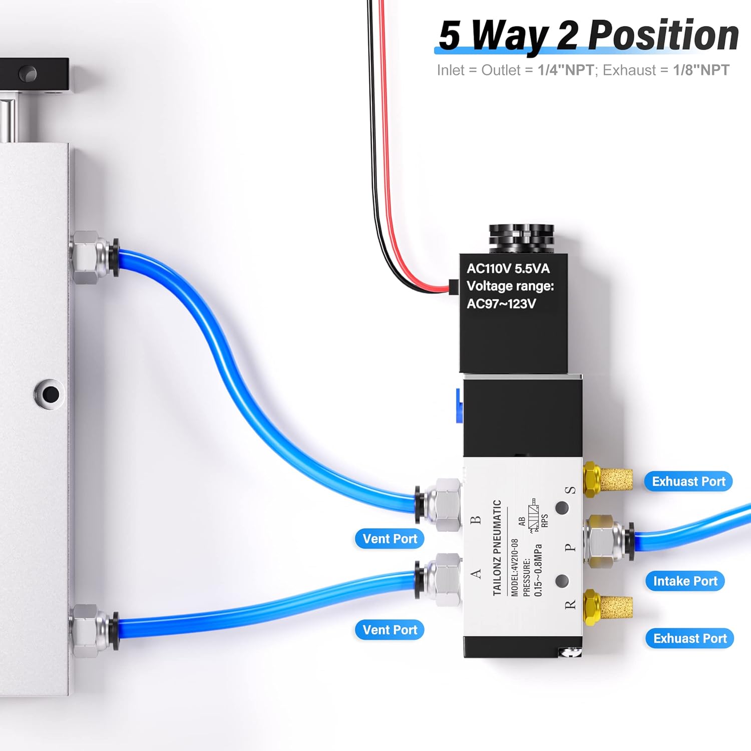 TAILONZ PNEUMATIC 1/4"NPT Solenoid Valve AC110V Single Coil Pilot-Operated Electric 2 Position 5 Way Connection Type 4V210-08 Outlet wire