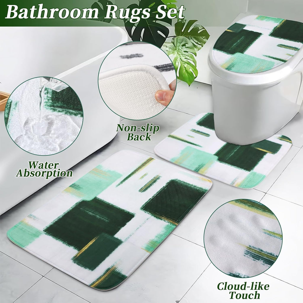 Bathroom Set - Dark Green and Gold Bathroom Accessories Set, Bathroom Sets with Shower Curtain and Rugs, Green Shower Curtain Set with Bathroom Trash Can, Soap Dispenser, Soap Dish for Home
