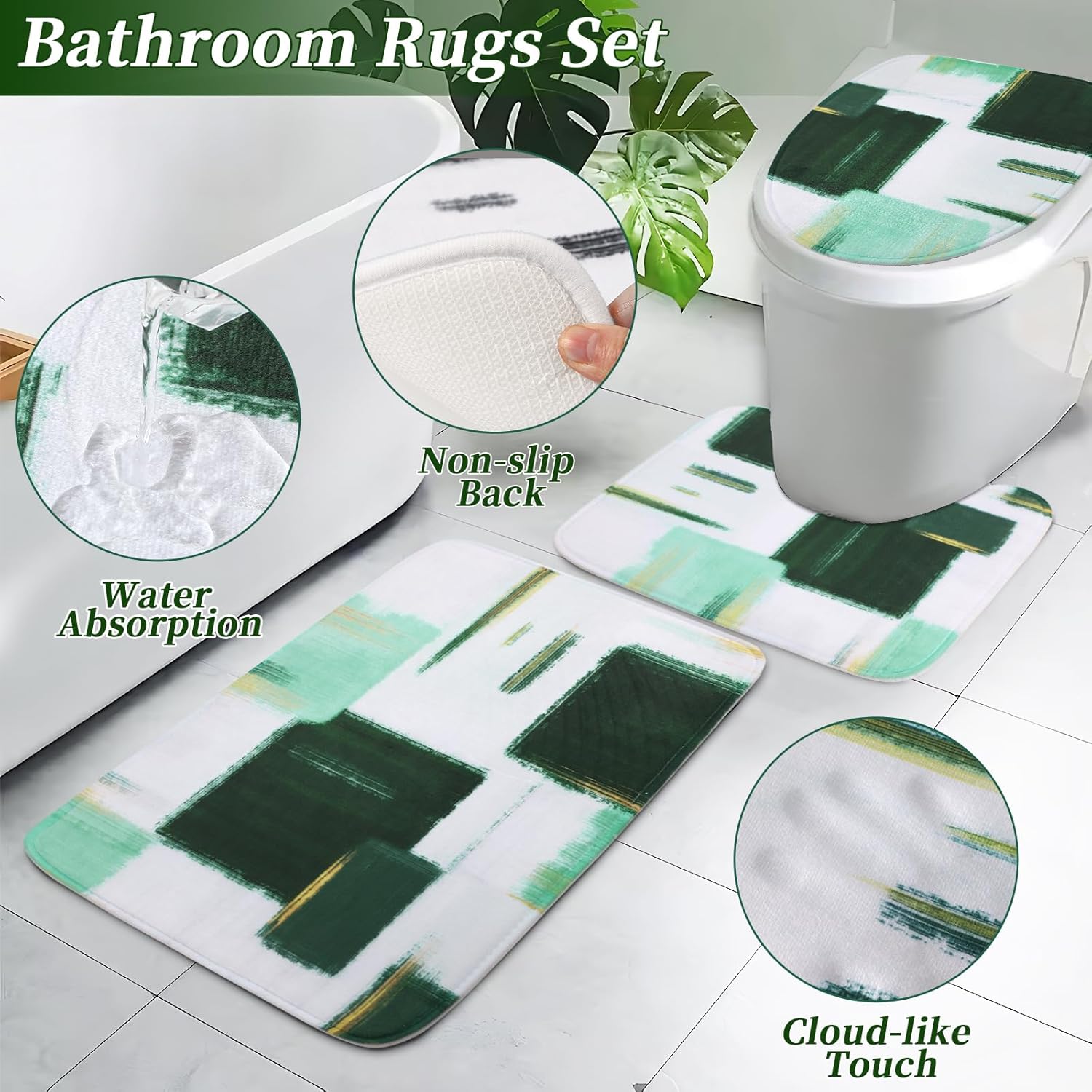 Bathroom Set - Dark Green and Gold Bathroom Accessories Set, Bathroom Sets with Shower Curtain and Rugs, Green Shower Curtain Set with Bathroom Trash Can, Soap Dispenser, Soap Dish for Home