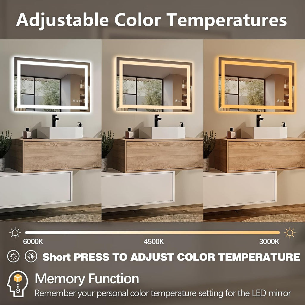 Niccy 32" x 20" LED Bathroom Mirror with Lights, Backlit and Front Lit, Lighted Vanity Mirror for Wall with 3 Colors, Anti-Fog, Shatter-Proof, Memory for Bedroom, Horizontal/Vertical
