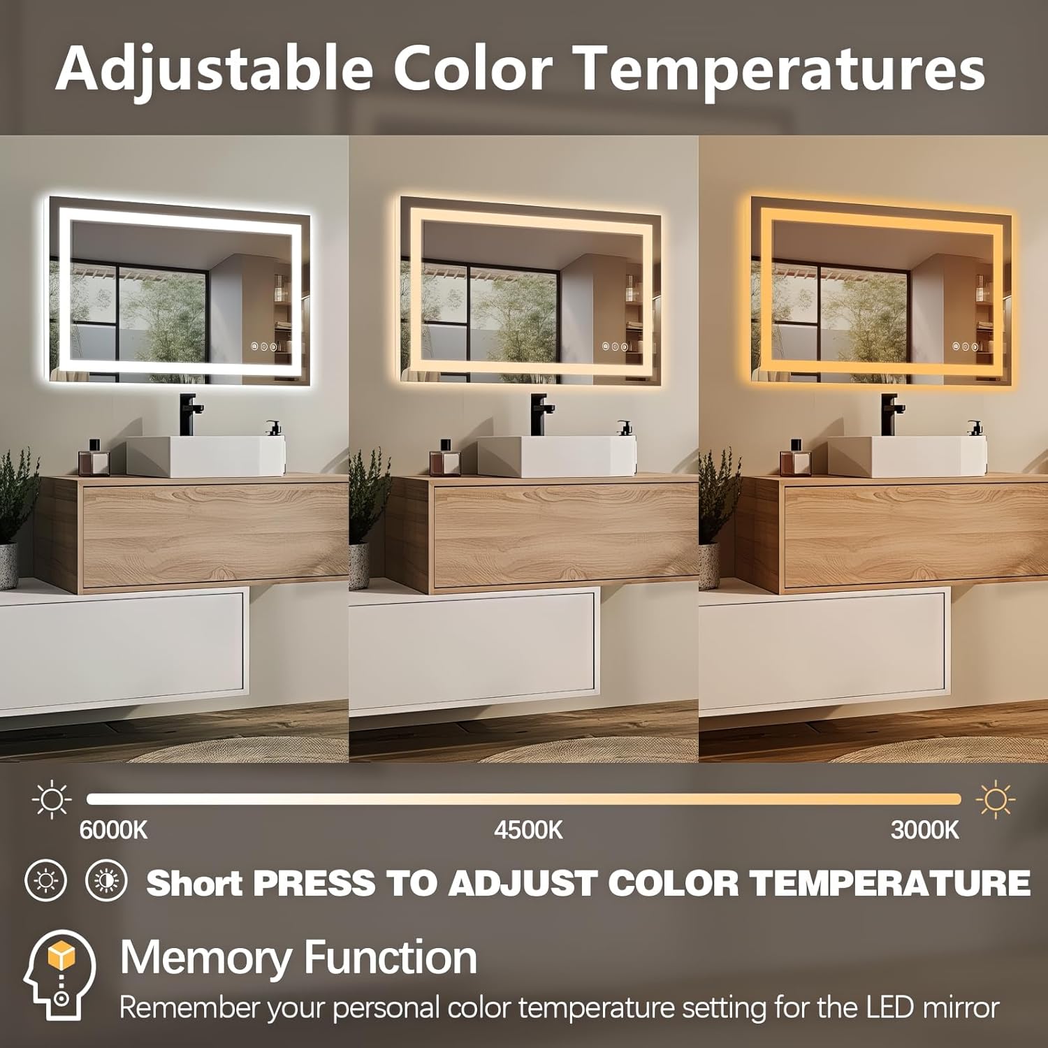 Niccy 32" x 20" LED Bathroom Mirror with Lights, Backlit and Front Lit, Lighted Vanity Mirror for Wall with 3 Colors, Anti-Fog, Shatter-Proof, Memory for Bedroom, Horizontal/Vertical