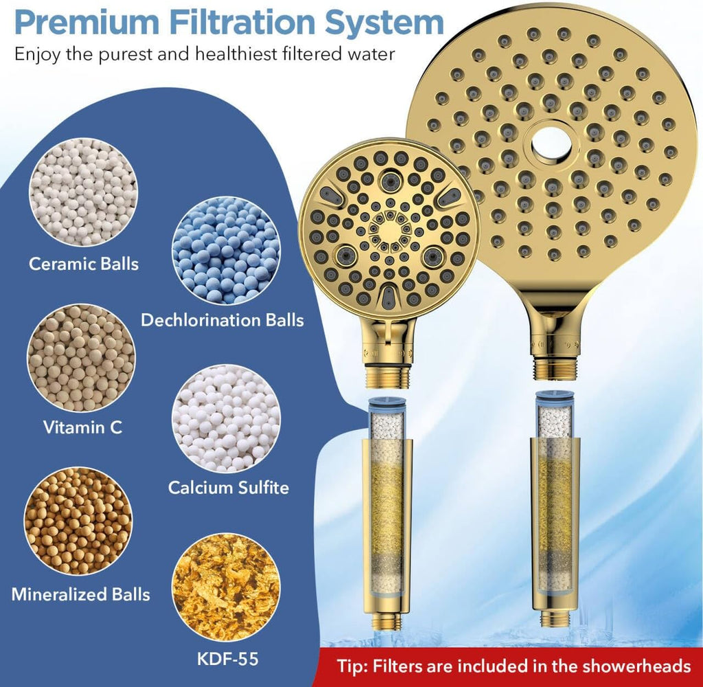 MakeFit Dual Filtered Rain Shower Head Combo, High Pressure Handheld Shower Head with Adjustable Bar - Rainfall Shower Head And Showerhead with Filter for Hard Water - Removes Chlorine(Gold)