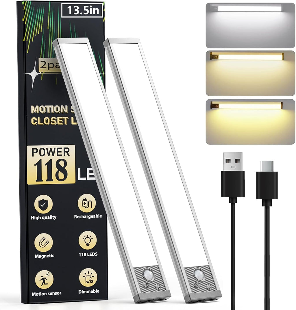 Under Cabinet Lighting 13.5Inch, 3200mAh Under Cabinet Lights Motion Sensor 3 Color, Rechargeable 118LED Magnetic Light Bar Indoor,Wireless Battery Operated Closet Lights for Kitchen Home Stairs,2Pack