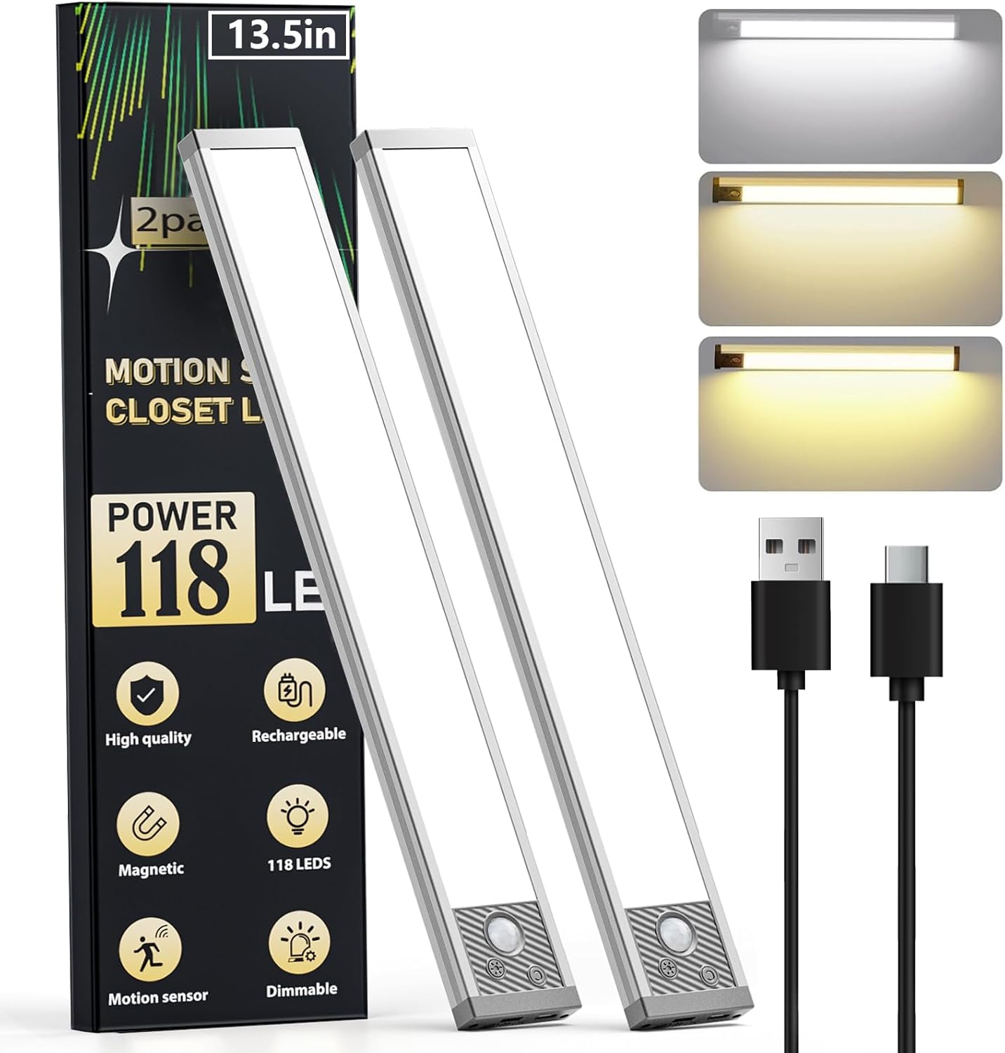 Under Cabinet Lighting 13.5Inch, 3200mAh Under Cabinet Lights Motion Sensor 3 Color, Rechargeable 118LED Magnetic Light Bar Indoor,Wireless Battery Operated Closet Lights for Kitchen Home Stairs,2Pack