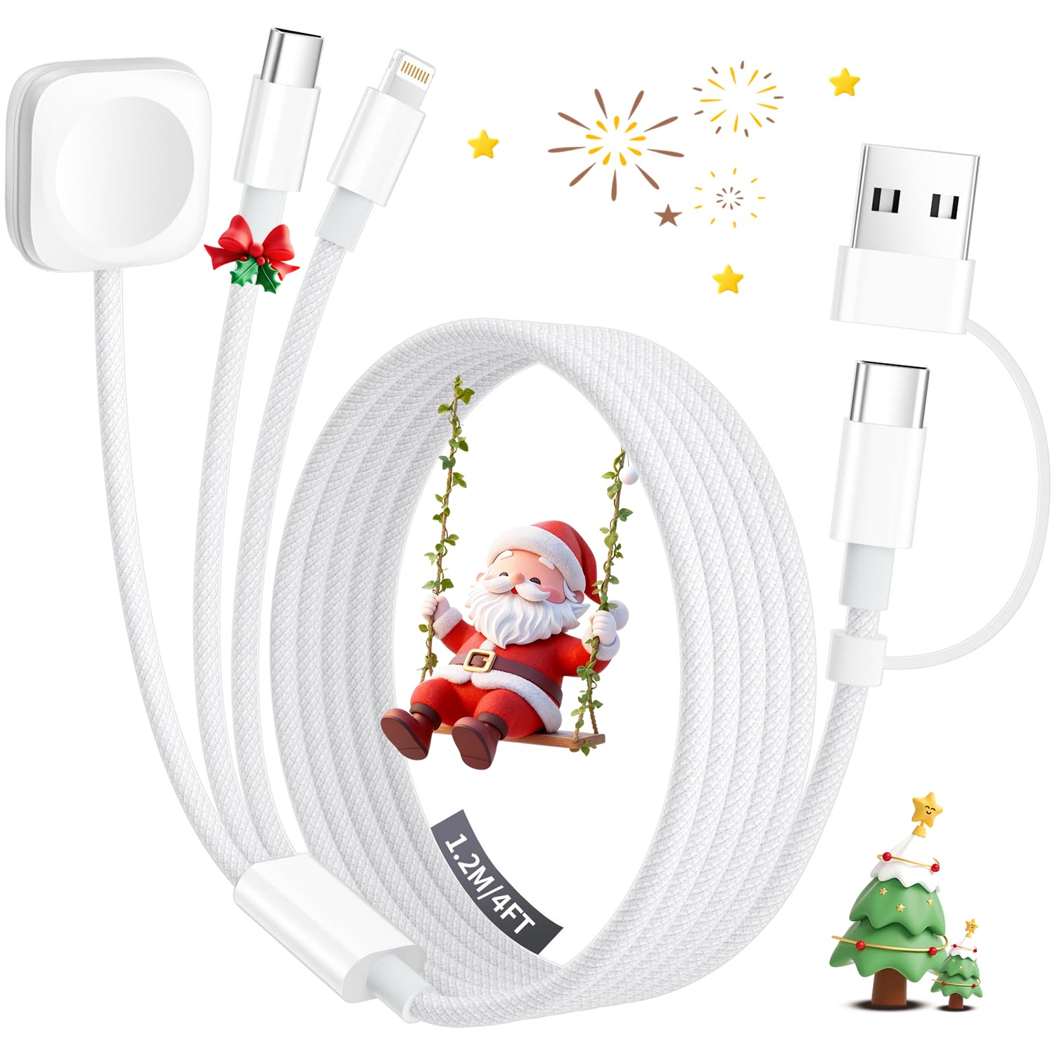 Travel Charger for Apple Watch, 3 in 2 Multi Charging Cable/Cord with Lightning/USB C/iWatch Charger, Travel Chargers for Multiple Devices, Compatible with iWatch Series/iPhone 17-8/iPad/AirPods 4FT