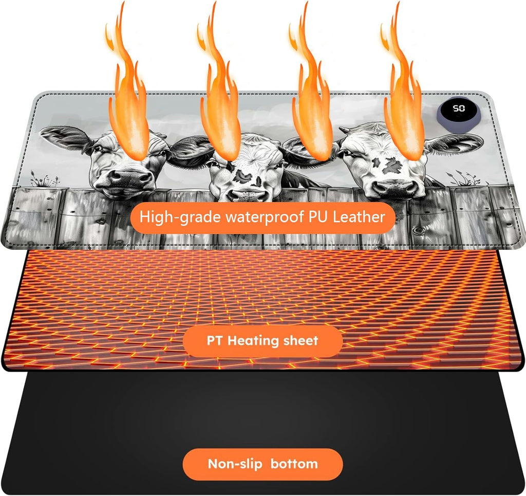 Heated Mouse Pad with 3 Levels Heated & 3 Hours Auto Shut-Off Mouse Pad for Warming Hands in Office Home, 23.6" x 14.2"Large Safe Desk Mat Hand Warmer，Three Lovely Cows