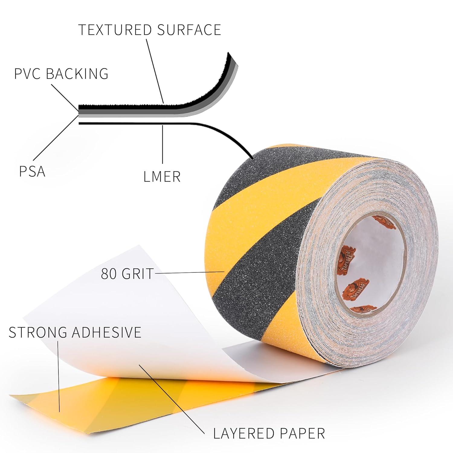 TAPEBEAR Non Slip Hazard Tape 4inch x 60feet, Black and Yellow Safety Tape, Anti Slip Caution Tape Roll, Nonslip Warning Floor Tape for Indoor Outdoor Steps Stairs, Strong Grip Tape