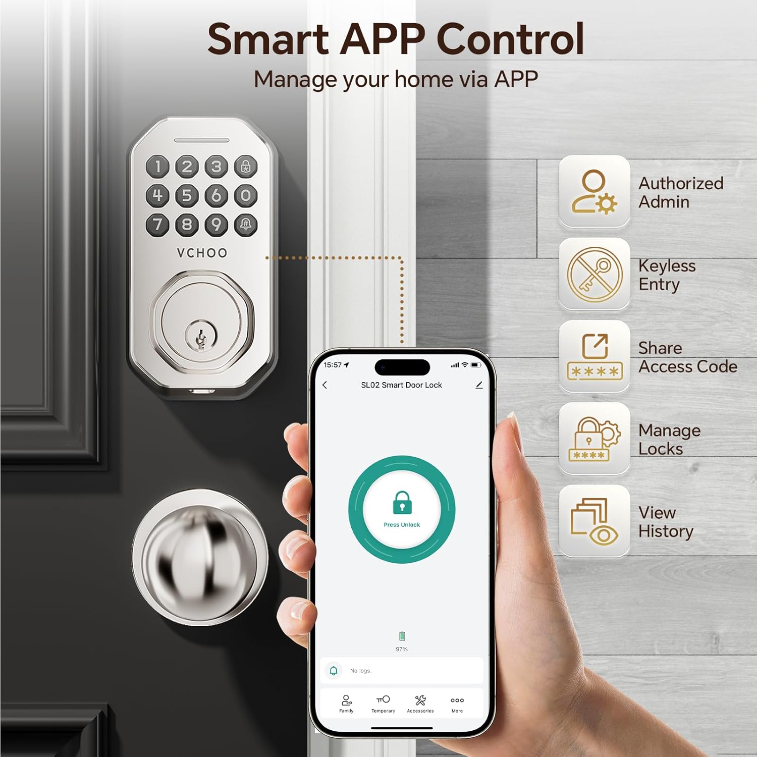 Keyless Entry Door Lock Set Smart Locks for Front Keypad Door Lock with Handle Automatic Lock One Time Password Anti Peeping Password IP54, Satin Nickel