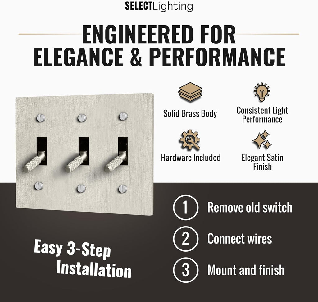 Select 15A 120V AC 3-Gang Toggle Switch, Vintage Satin Nickel Plated Single Pole 3 Way Compatible Wall Mount Toggle Switch, Included Faceplate & Switch Module, UL Listed