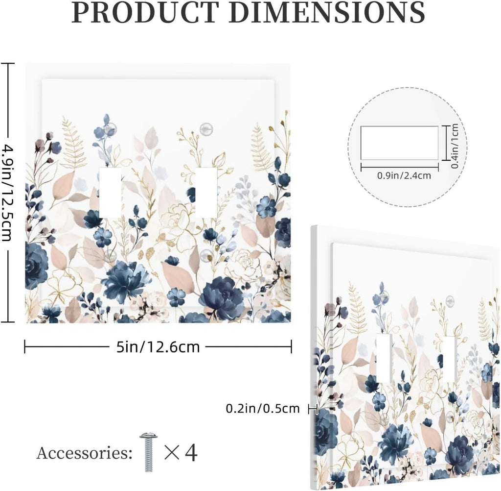 Blue Flora Boho Vintage Flower Golden Leaves Decorative Switch Plates 2 Gang Double Toggle Outlet Light Switch Cover Wall Plate Electrical Faceplate for Bedroom Living Room Decor